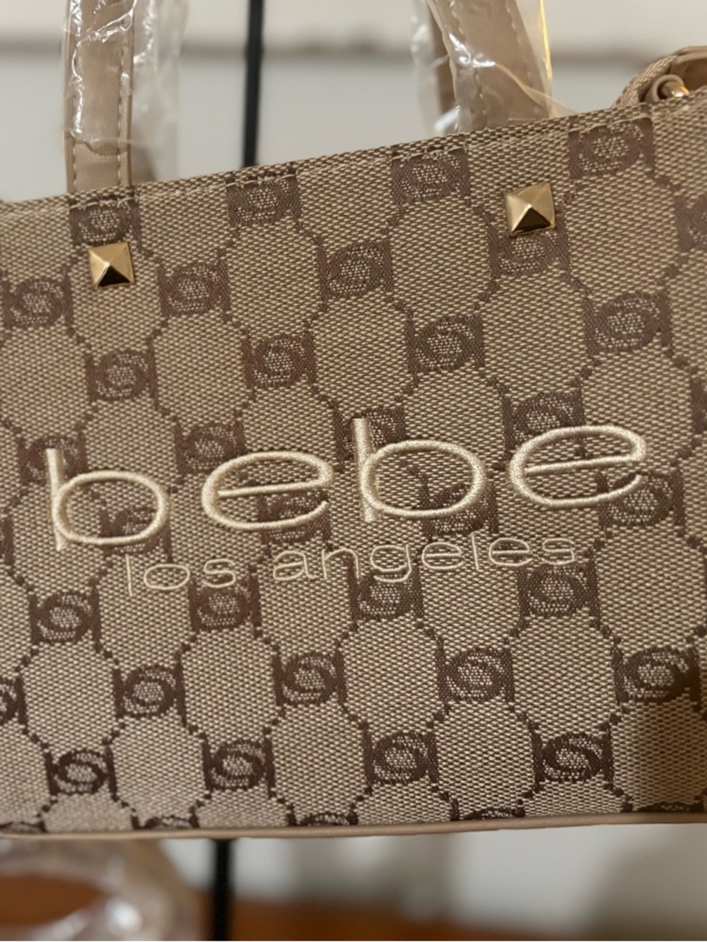 bebe Beige Logo Studded Tote